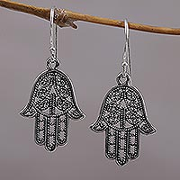 Sterling silver dangle earrings, 'Holy Hamsa' - 925 Sterling Silver Hamsa Dangle Earrings from Bali