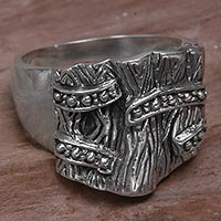 Sterling silver cocktail ring, 'Trapdoor' - Bold Textured Sterling Silver Cocktail Ring from Indonesia