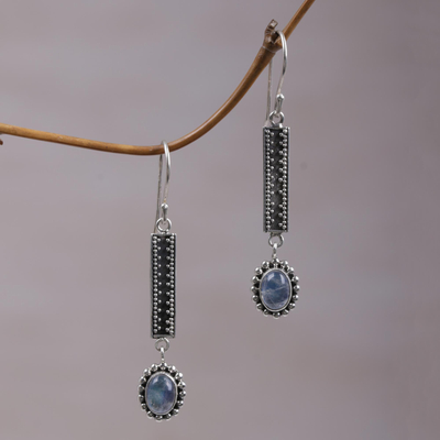 Rainbow moonstone dangle earrings, 'Falling Rainbow Drops' - Hand Crafted  Rainbow Moonstone Dangle Earrings from Bali