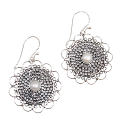 Cultured pearl dangle earrings, 'Pearl Elegance' - Cultured Pearl and Sterling Silver Dangle Earrings from Bali