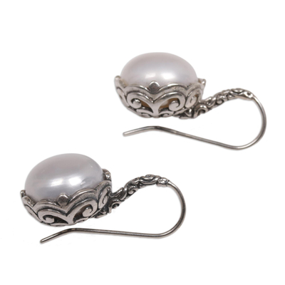 Cultured pearl drop earrings, 'Lunar Bloom' - Cultured Pearl and Sterling Silver Drop Earrings from Bali