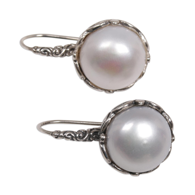 Cultured pearl drop earrings, 'Lunar Bloom' - Cultured Pearl and Sterling Silver Drop Earrings from Bali