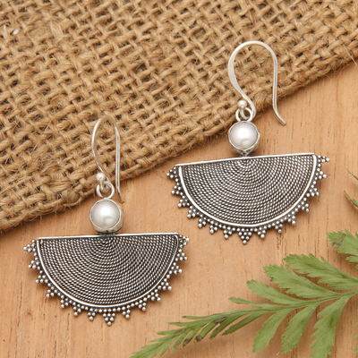 Cultured pearl dangle earrings, 'Bali Sunnrise' - Balinese Sterling Silver Dangle Earrings with Cultured Pearl