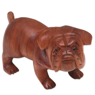 Escultura de madera - Escultura de cachorro de bulldog de madera de suar tallada a mano de Bali