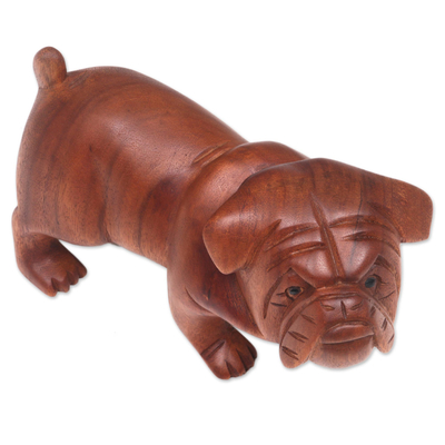 Wood sculpture, 'Fierce Bulldog' - Hand Carved Suar Wood Bulldog Puppy Sculpture from Bali