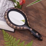 Wood batik hand mirror, 'Exotic Beauty' - Handheld Batik Wood Mirror with Coffee Motif from Java