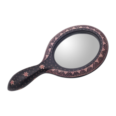 Wood batik hand mirror, 'Exotic Beauty' - Handheld Batik Wood Mirror with Coffee Motif from Java