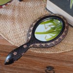 Wood batik hand mirror, 'Exotic Beauty' - Handheld Batik Wood Mirror with Coffee Motif from Java