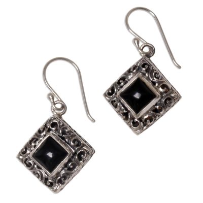 Onyx dangle earrings, 'Square Stupa' - Sterling Silver Onyx Dangle Earrings from Indonesia