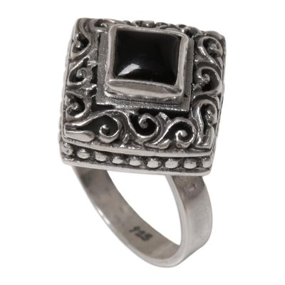 Onyx cocktail ring, 'Square Stupa' - Sterling Silver and Onyx Cocktail Ring from Indonesia