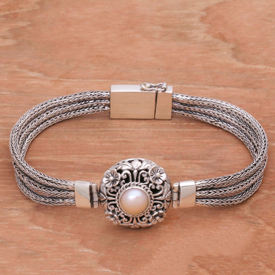 Cultured pearl pendant bracelet, 'Floral Nobility' - 925 Silver and Cultured Pearl Balinese Floral Bracelet