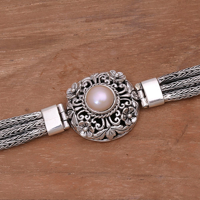 Cultured pearl pendant bracelet, 'Floral Nobility' - 925 Silver and Cultured Pearl Balinese Floral Bracelet
