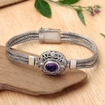 Amethyst pendant bracelet, 'Faith Protector' - Sterling Silver and Amethyst Pendant Bracelet from Indonesia