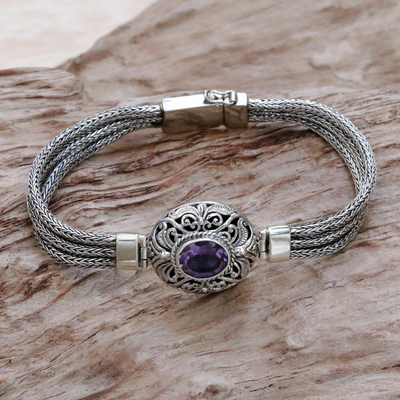 Amethyst pendant bracelet, 'Faith Protector' - Sterling Silver and Amethyst Pendant Bracelet from Indonesia