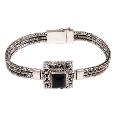 Onyx pendant bracelet, 'Beautiful Admiration' - Sterling Silver and Onyx Pendant Bracelet from Indonesia