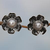 Cultured mabe pearl button earrings, 'Blooming White Roses'