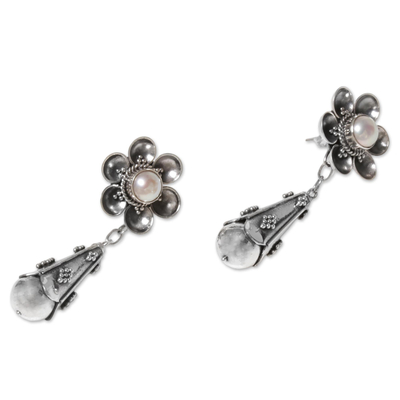 Cultured pearl dangle earrings, 'White Rose Drops' - Cultured Mabe Pearl Floral Dangle Earrings from Indonesia