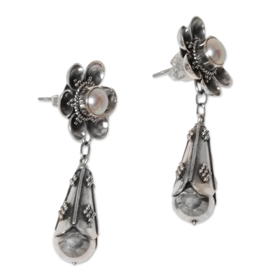 Cultured pearl dangle earrings, 'White Rose Drops' - Cultured Mabe Pearl Floral Dangle Earrings from Indonesia
