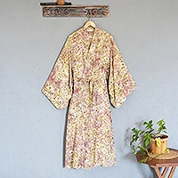 Batik de rayón batik, 'Grand Floral' - Rayon Robe Olive Floral Batik Print de Indonesia