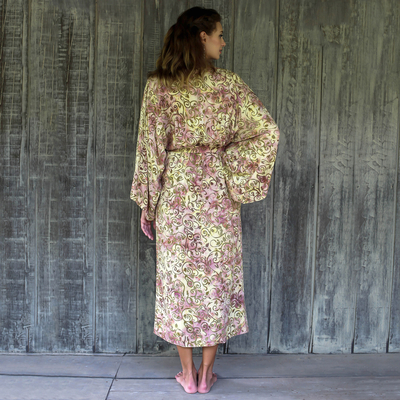 Robe aus Rayon-Batik - Rayon Robe Olivgrüner Blumen-Batikdruck aus Indonesien