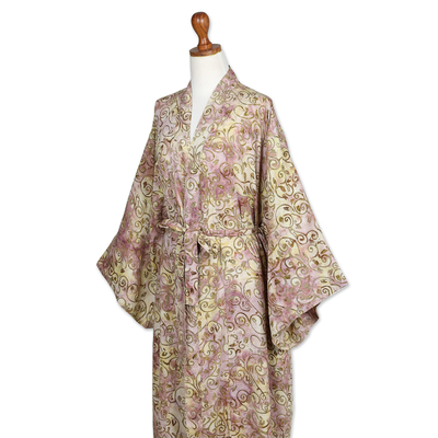 Rayon batik robe, 'Grand Floral' - Rayon Robe Olive Floral Batik Print from Indonesia