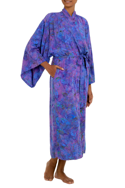 Rayon batik robe, 'Purple Mist' - Handcrafted Purple Batik Rayon Robe from Indonesia