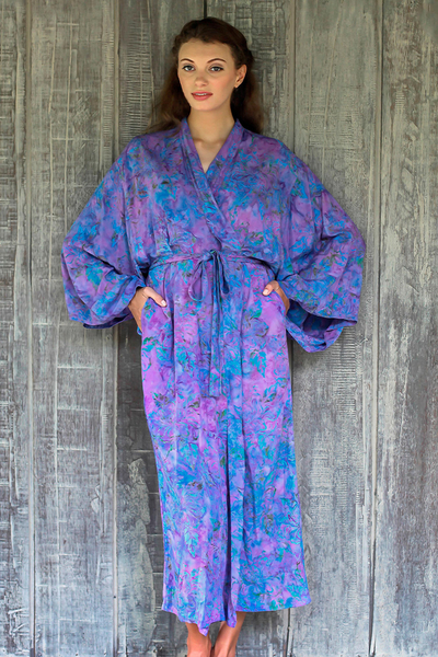Rayon batik robe, 'Purple Mist' - Handcrafted Purple Batik Rayon Robe from Indonesia