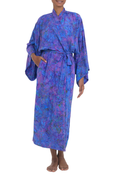 Bata de rayón batik - Bata de rayón batik púrpura hecha a mano de Indonesia