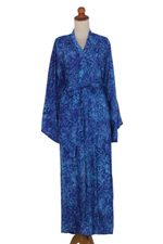 Rayon batik robe, 'Bamboo Blue' - Blue Rayon Long Robe with Bamboo Batik Print from Indonesia