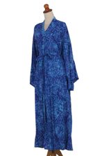 Rayon batik robe, 'Bamboo Blue' - Blue Rayon Long Robe with Bamboo Batik Print from Indonesia
