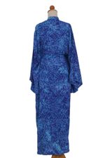 Rayon batik robe, 'Bamboo Blue' - Blue Rayon Long Robe with Bamboo Batik Print from Indonesia