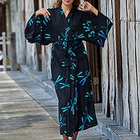 Rayon batik robe, 'Night Dragonflies' - Handcrafted Black Batik Robe with Dragonflies from Bali