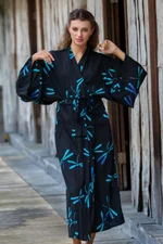 Rayon batik robe, 'Night Dragonflies' - Handcrafted Black Batik Robe with Dragonflies from Bali