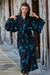 Rayon batik robe, 'Night Dragonflies' - Handcrafted Black Batik Robe with Dragonflies from Bali (image 2) thumbail