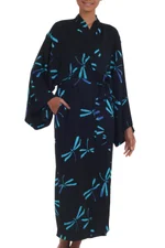 Rayon batik robe, 'Night Dragonflies' - Handcrafted Black Batik Robe with Dragonflies from Bali