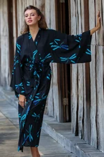 Rayon batik robe, 'Night Dragonflies' - Handcrafted Black Batik Robe with Dragonflies from Bali