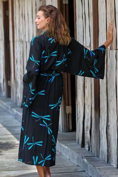 Rayon batik robe, 'Night Dragonflies' - Handcrafted Black Batik Robe with Dragonflies from Bali