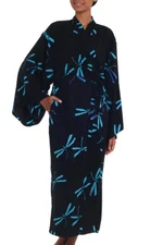 Rayon batik robe, 'Night Dragonflies' - Handcrafted Black Batik Robe with Dragonflies from Bali