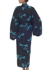 Rayon batik robe, 'Night Dragonflies' - Handcrafted Black Batik Robe with Dragonflies from Bali