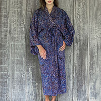 Handcrafted Blue & Peach Batik Rayon Robe from Indonesia,'Bewildering Maze'