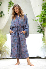Rayon batik robe, 'Bewildering Maze' - Handcrafted Blue & Peach Batik Rayon Robe from Indonesia