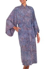 Rayon batik robe, 'Bewildering Maze' - Handcrafted Blue & Peach Batik Rayon Robe from Indonesia
