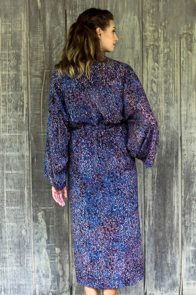 Rayon batik robe, 'Bewildering Maze' - Handcrafted Blue & Peach Batik Rayon Robe from Indonesia