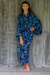 Rayon batik robe, 'Twilight Roses' - Rayon Black Long Robe with Blue Purple Batik Floral Print (image 2) thumbail