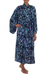 Rayon batik robe, 'Twilight Roses' - Rayon Black Long Robe with Blue Purple Batik Floral Print (image 2a) thumbail