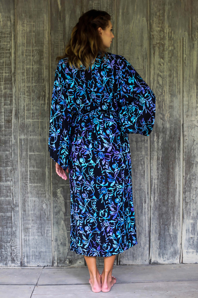 Rayon batik robe, 'Twilight Roses' - Rayon Black Long Robe with Blue Purple Batik Floral Print