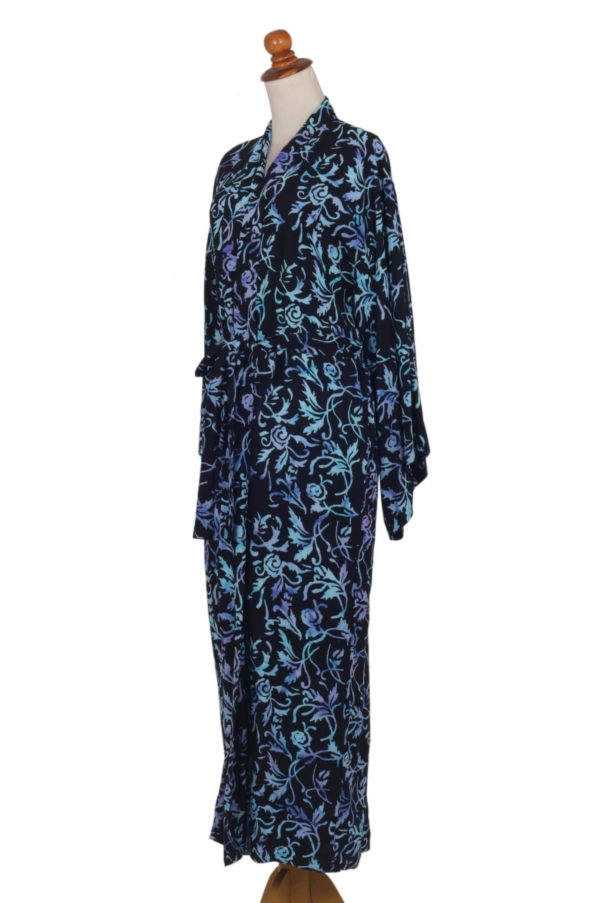 Rayon Black Long Robe with Blue Purple Batik Floral Print - Twilight ...