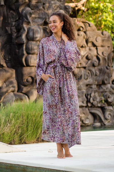 Rayon batik robe, 'Floral Mansion' - Sienna Purple Floral Batik on Rayon Long Robe from Indonesia