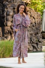 Rayon batik robe, 'Floral Mansion' - Sienna Purple Floral Batik on Rayon Long Robe from Indonesia