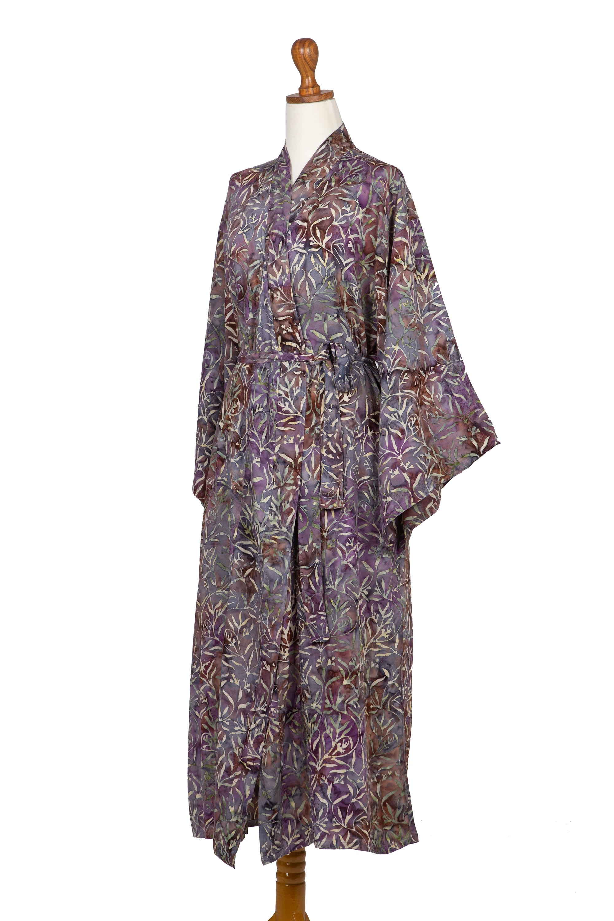 Sienna Purple Floral Batik on Rayon Long Robe from Indonesia - Floral ...